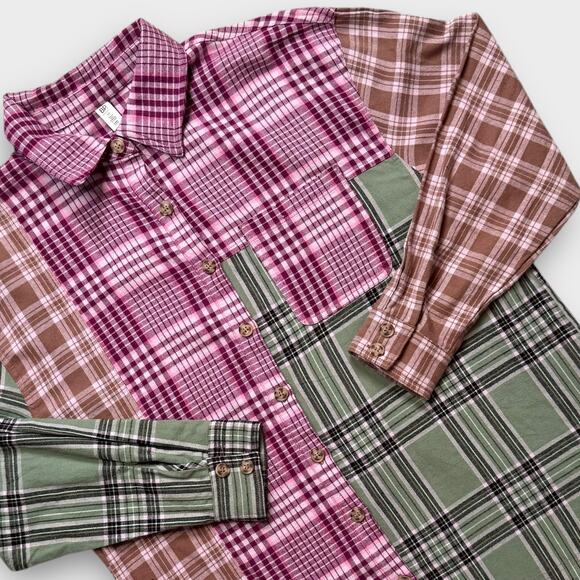 BP NEW RETRO 90S COTTON PLAID PATCHWORK FLANNEL PINK GREEN MEDIUM - Picture 4 of 9